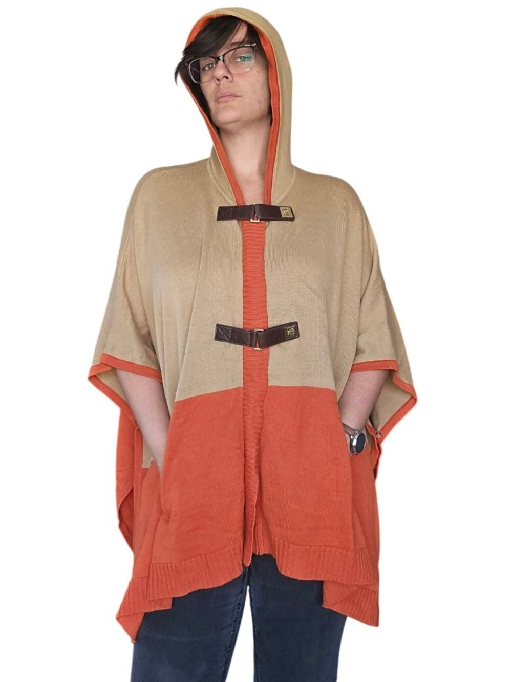 Michael Kors Hooded Sweater Knit Poncho Orange Tann Color Block Women's Size S/M